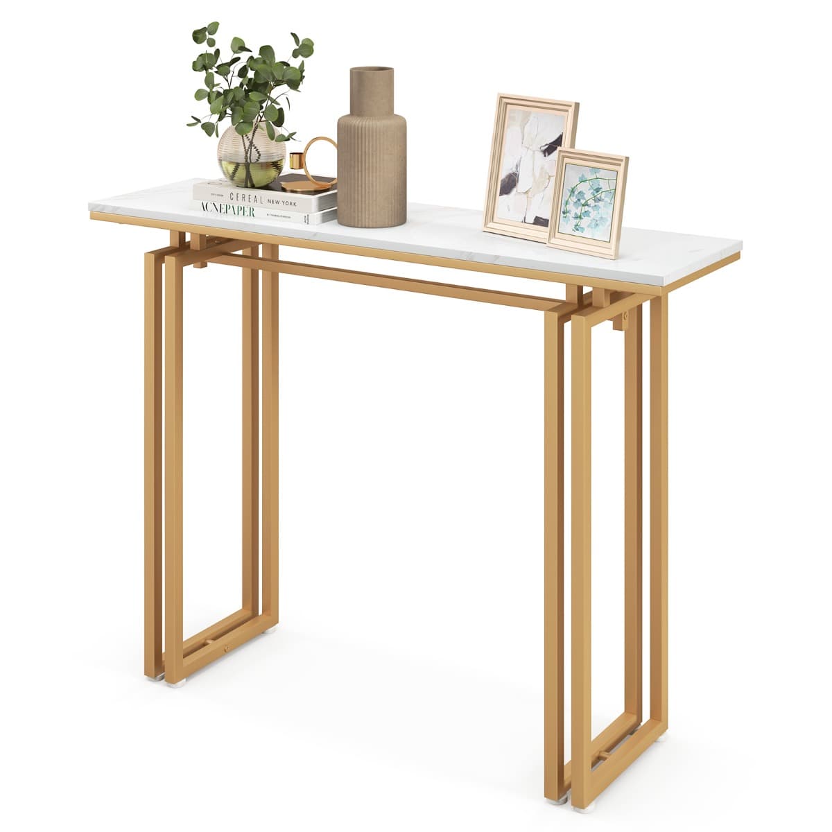 Table Console Marbre Meuble d'Entrée Cadre en Métal Design Noir pour Entrée Couloir Salon 110 x 30 x